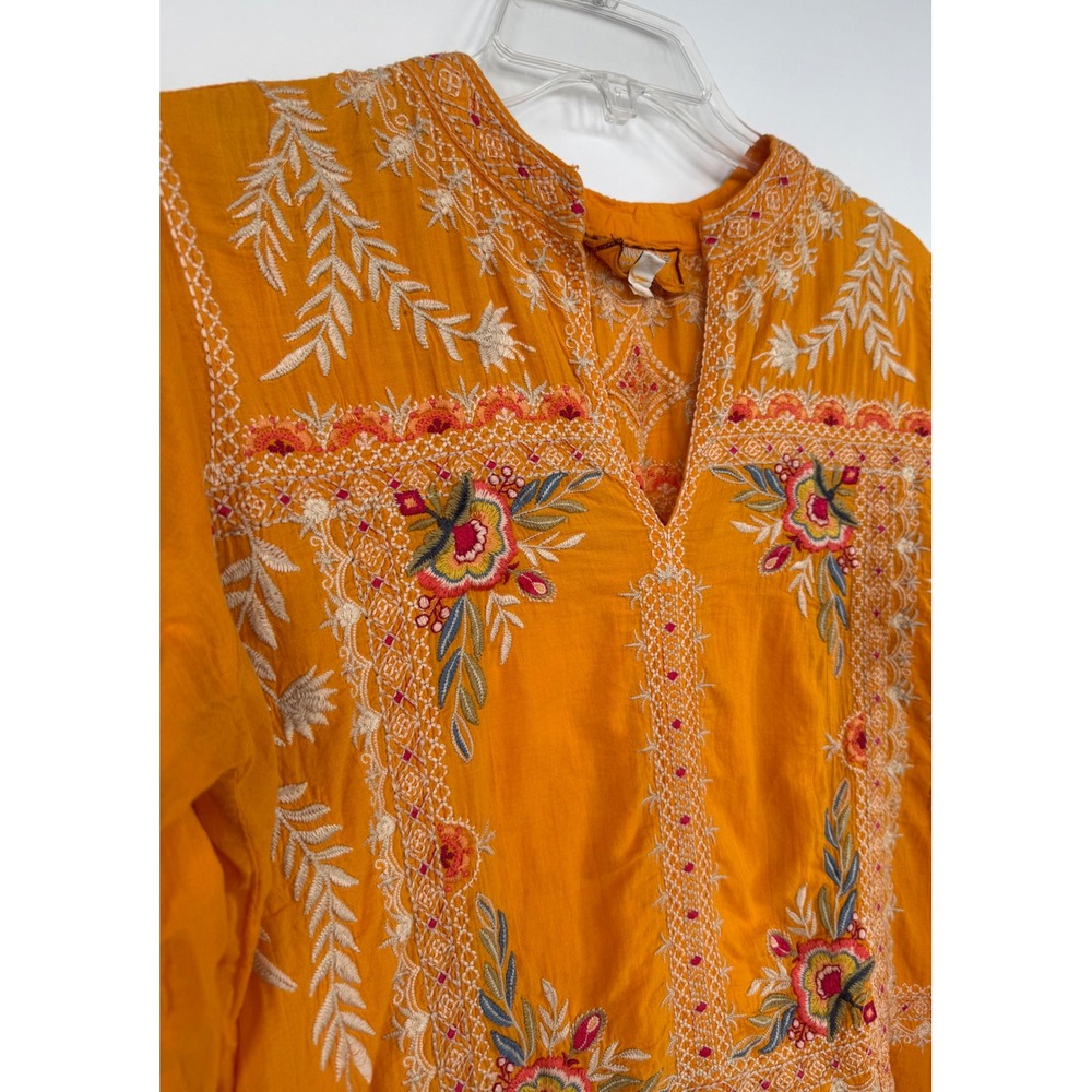 Johnny Was Workshop Embroidered Cotton Tunic Top Orange Yellow Boho Floral Small